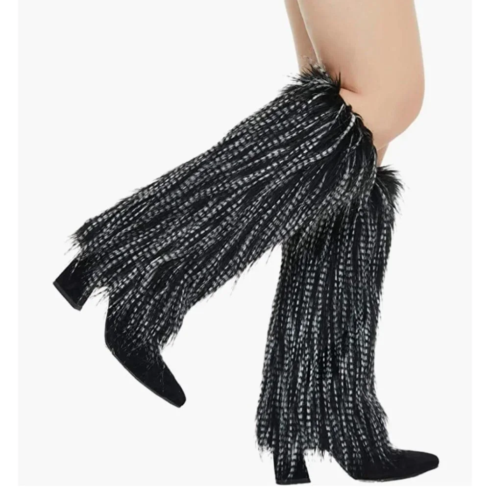 Tall Black & White Fuzzy Faux Fur Long Feather Cuff Boot Covers Leg Warmer Socks